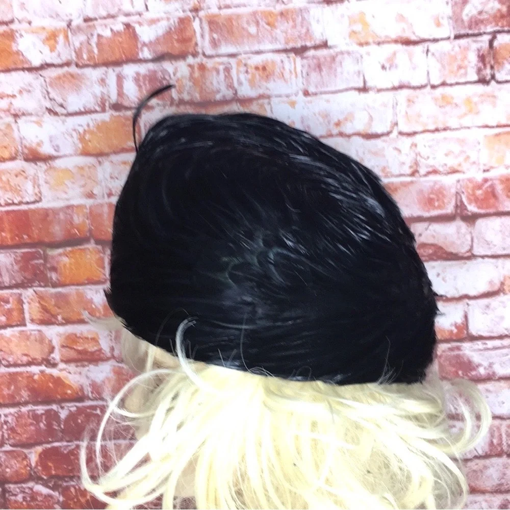 Vintage MCM Mr. John's Black Iridescent Feather Toque Hat in Original Box
